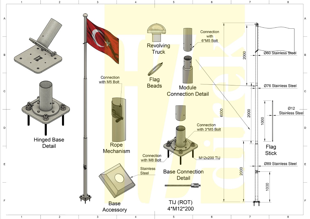 6 metre Paslanmaz Bayrak Direği