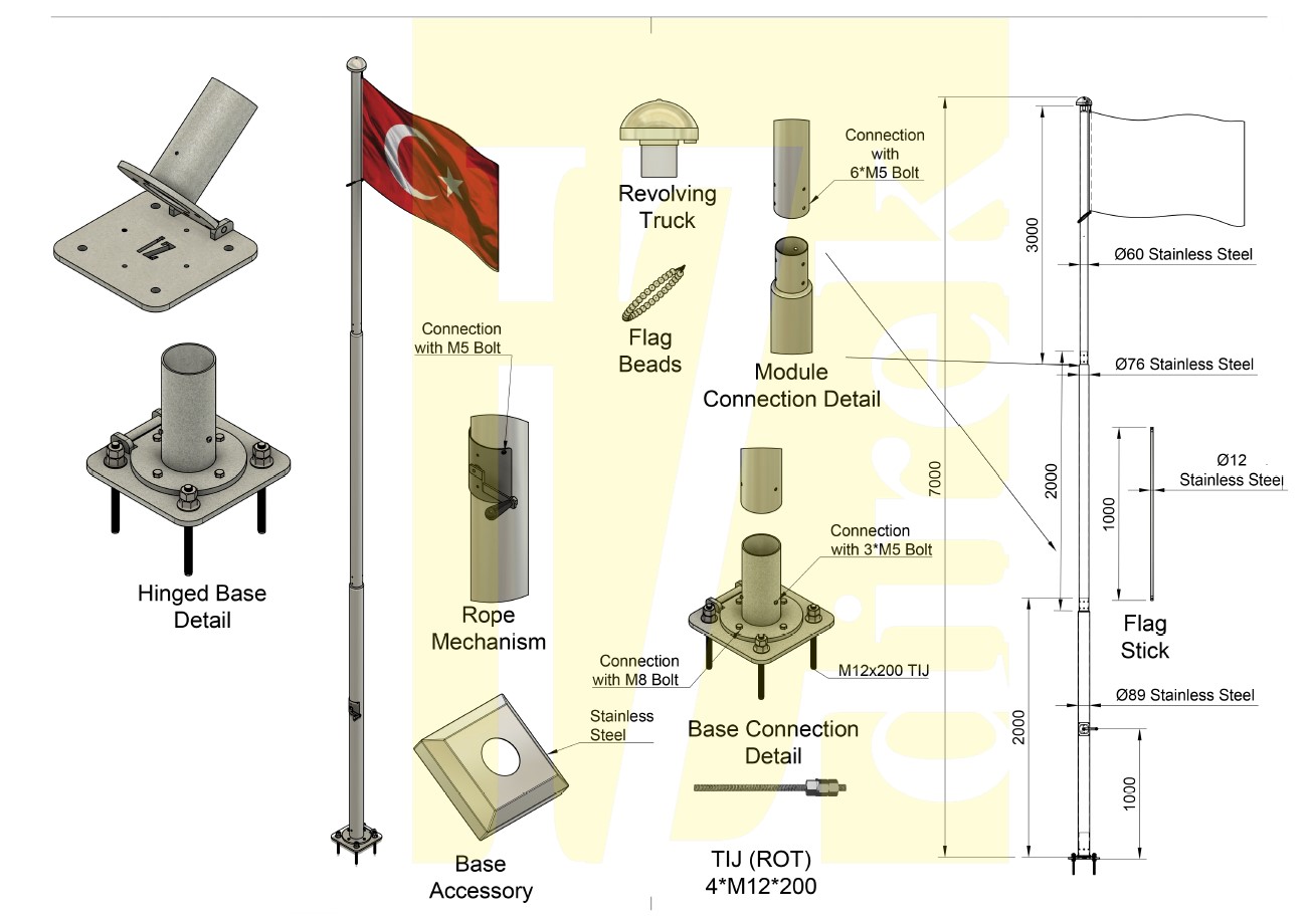 7 metre Paslanmaz Bayrak Direği